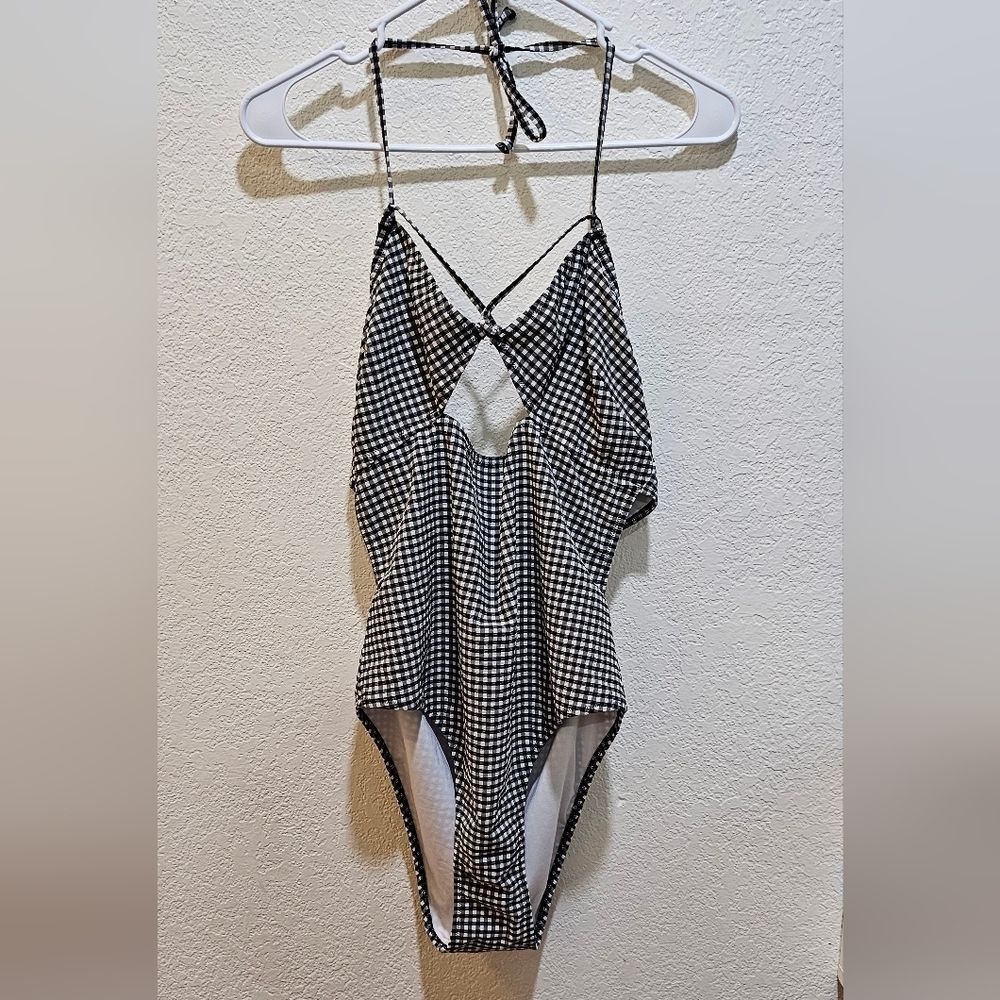 Victoria's Secret halt one-piece swimsuit black and white gingham cutout XL